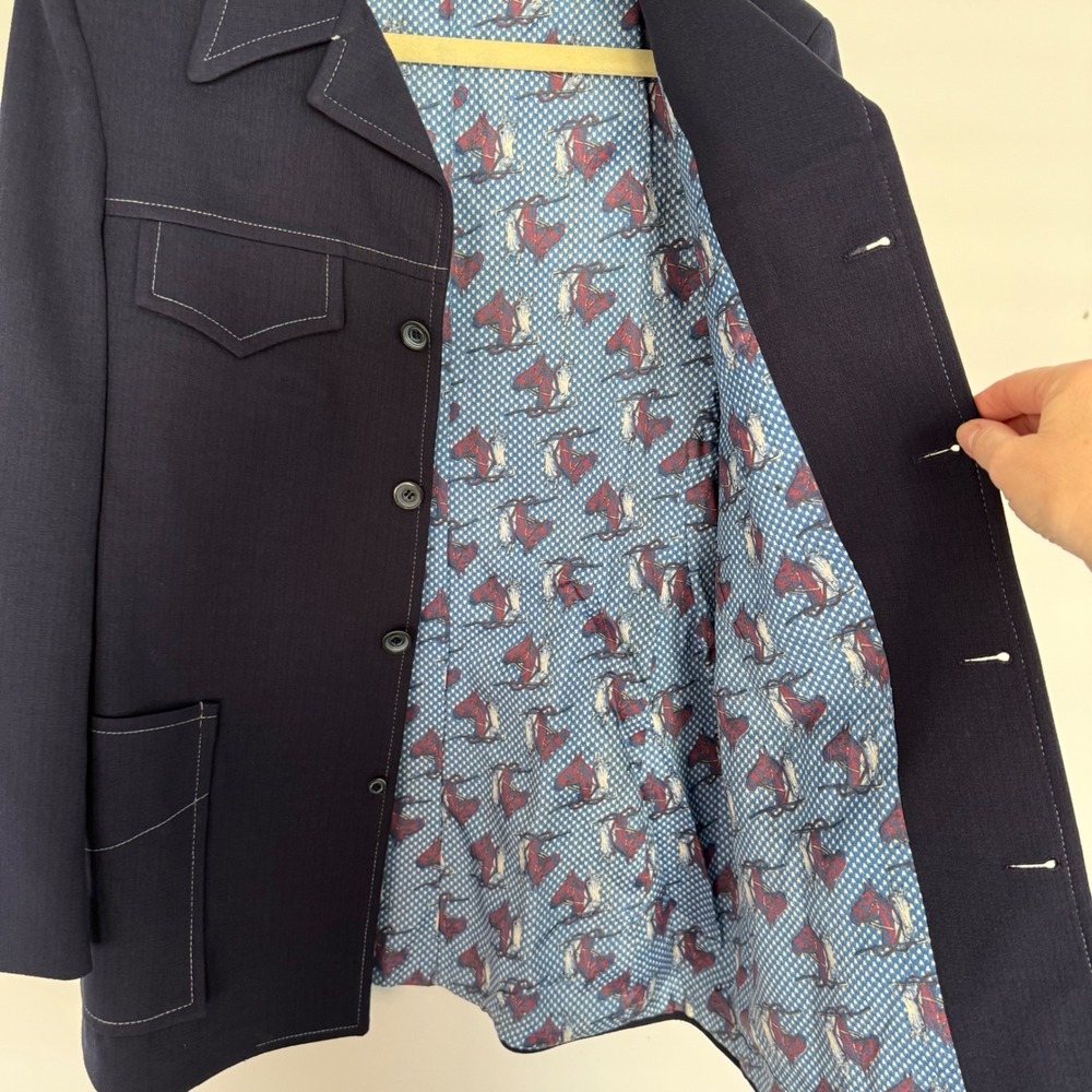 Vintage Powers Mens Shop‎ 70s Polyester Leisure Sports Jacket Navy Equestrian